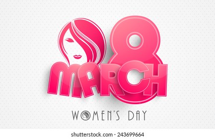 Pink glossy paper text 8 March with young fashionable girl face for Happy Women's Day celebration on abstract background.