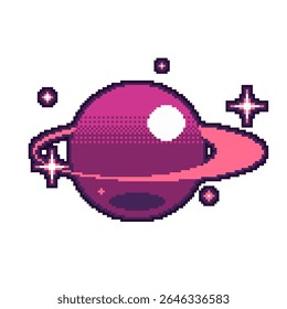 Saturno brilhante rosa com anel de órbita cintilante, ilustração Pixel Art