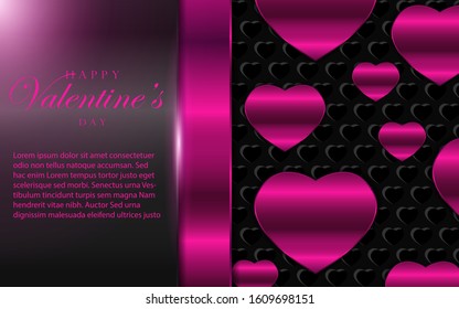 Pink glossy vector symbols of love in shape of heart metallic texture background. Realistic design template can use wallpaper, element poster, greeting card, web banner for Valentine's Day