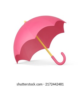 Paraguas impermeable brillante rosa con mango curvo de madera para llevar protección solar de lluvia ilustración de icono 3d realista. Elemento de seguro climático de la meteorología del parasol brillante para la playa al aire libre