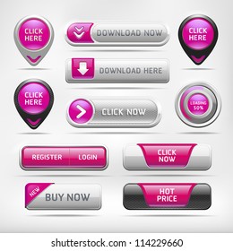 Pink Glossy Web Elements Button Set. Vector illustration