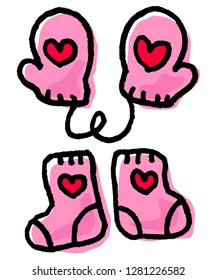 Pink gloves and socks. Vector illustration of a Hand drawn doodle. 