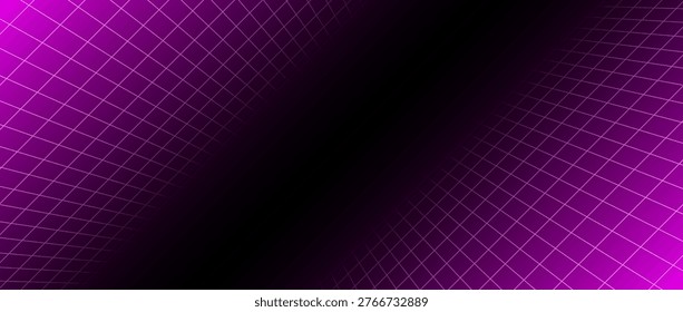 Pink glow neon wireframe background. Shining checkered grid floor plane in deep perspective. Bright retro futuristic diagonal wallpaper. Arcade game sci fi matrix rotating surface. Vector backdrop