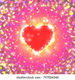 Pink glowing heart on a pink background.  Card for Valentine's Day with  colorful flying hearts. Valentine's day message.Valentine's day message. 