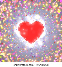 Pink glowing heart on a dove-colored background.  Card for Valentine's Day with  colorful flying hearts. Valentine's day message.Valentine's day message. 