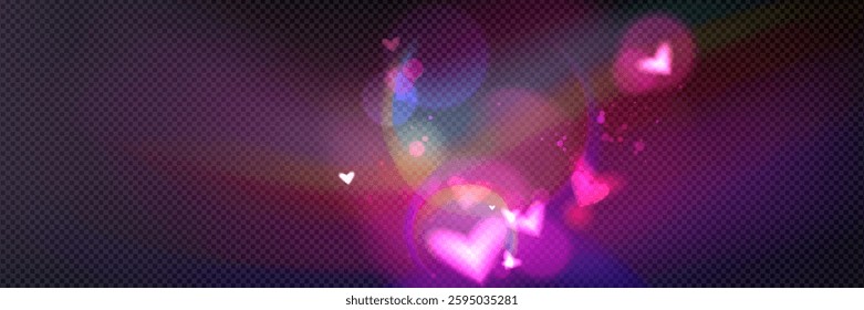 Pink glowing heart shapes with colorful light flare. Luminous transparent elements for romantic atmosphere. Bright realistic optical bokeh effects for wedding invitations or Valentine day banners.