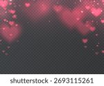 Pink glowing hearts with transparent background. Soft bokeh and light particles forming a romantic luminous overlay with gentle blur and floating heart shapes.