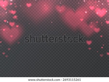 Pink glowing hearts with transparent background. Soft bokeh and light particles forming a romantic luminous overlay with gentle blur and floating heart shapes.