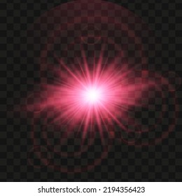 rosafarbener heller Stern auf schwarzem Hintergrund. Transparente strahlende Sonne, Sternexplosionen und heller Blitz. rosafarbene, helle Illustration. 