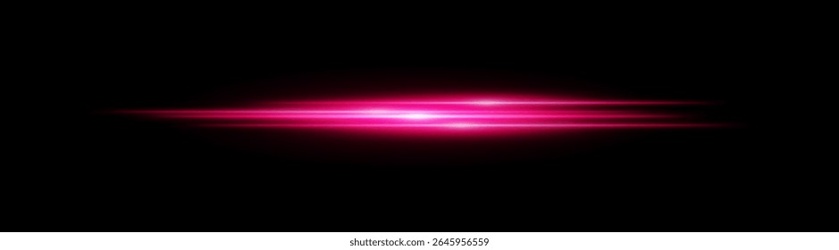 Listra de luz brilhante rosa. Feixe de neon horizontal com brilho suave e fluxo em camadas sobre fundo preto, ajustando temas de tecnologia, movimento ou velocidade.