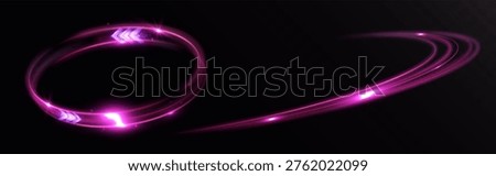 Pink glowing light trails with circular motion and arrow direction effect isolated on dark background

