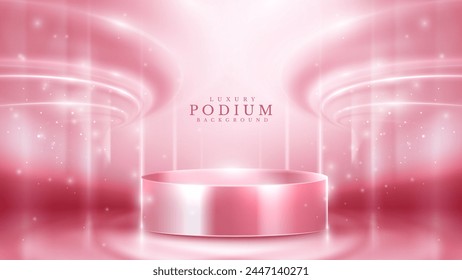 Pink Glowing Podium Bathed in Soft Light, Surrounded by Twinkling Sparkles, Ideal for Magical Product Showcasing. Luxury Background. Vector Illustration.