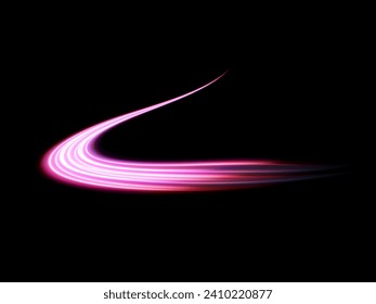 Pink glowing shiny lines effect black background. Luminous white lines of speed. Light glowing effect. Light trail wave, fire path trace line and incandescence curve twirl.