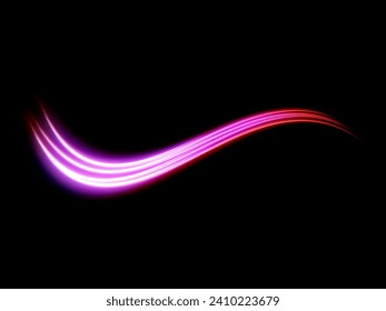 Fondo vectorial de efecto de líneas brillantes rosadas. Luminosas líneas de velocidad rosadas. Efecto luminoso. Ola ligera de senderos, línea de trazos de senderos de incendios y giro de la curva de incandescencia.