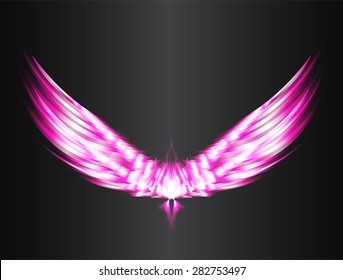 pink glowing, stylized angel wings on a black background. vector