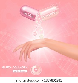 Pink glutathione and collagen pack with capsule and the third ingredient can be separated. On a light pink background. Healthy life medical and dietary supplement.