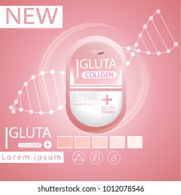Pink glutathione pack with capsule and the third ingredient can be separated. On a light pink background.