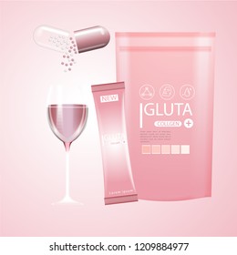 Pink glutathione pack with capsule and the third ingredient can be separated. On a light pink background.
