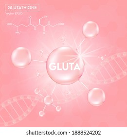 Pink glutathione pack with capsule and the third ingredient can be separated. On a light pink background. Healthy life medical and dietary supplement. Vector 3D