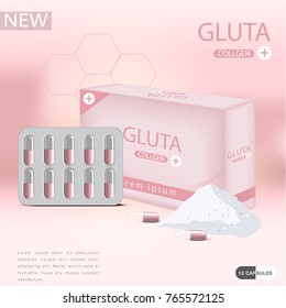 El envase de glutathiona rosa con cápsula y el tercer ingrediente pueden separarse. En un fondo rosa claro.