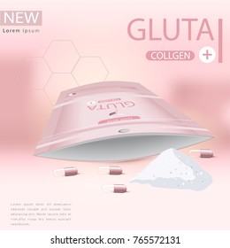 Pink glutathione pack with capsule and the third ingredient can be separated. On a light pink background.