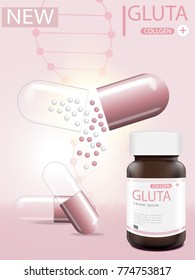 Pink glutathione pack with capsule and the third ingredient can be separated. On a light pink background.