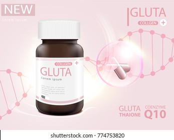Pink glutathione pack with capsule and the third ingredient can be separated. On a light pink background.