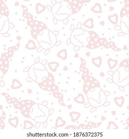 Pink gnome with hearts seamless pattern. Vector background for wallpaper, wrapping, print, textiles to valentines day or wedding. Valentines day seamless pattern with cute gnomes and hearts