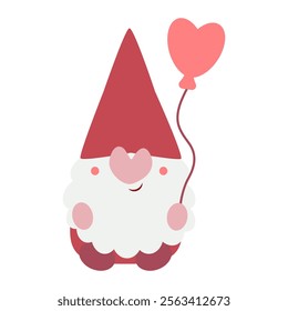 pink gnome holding a heart balloon, flat vector illustration, perfect for your holiday background, textile, greeting card, wrapping
