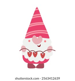 pink gnome holding a heart string, flat vector illustration, perfect for your holiday background, textile, greeting card, wrapping