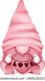 A pink gnome holding a red heart and a love. sign The gnome is wearing a pink hat and has a white beard. The sign is red and heart-shaped and says "Love" in red letters. Valentine's Day Digital Art 