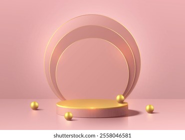 Pink gold 3D cylindrical podium background with circle backdrop. Luxury wall scene. Minimalist mockup pedestal. Abstract stand product display presentation. Stage for showcase. Vector platforms design