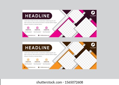 Pink and gold abstract corporate business banner template, horizontal advertising layout. flat design. clean geometric cover header background for website design. square space for photo collage. 