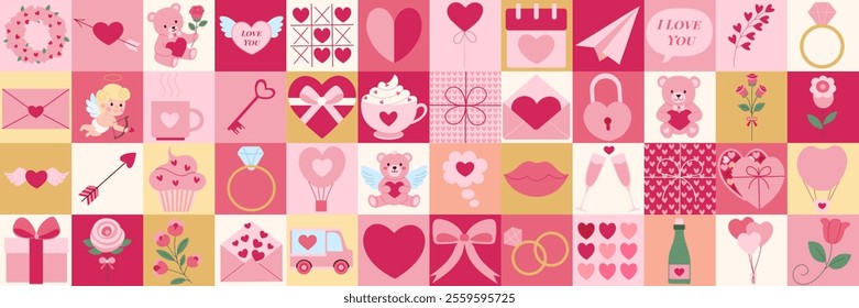 A pink and gold background with many different shapes and symbols. There are many hearts, a cupcake, a teddy bear, a key, a ring, a cup, a bottle, a balloon, a rose, a cupcake