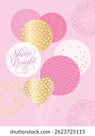 Ilustração em balão rosa e dourado com letras brilhantes e elementos brilhantes