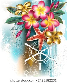 Pink and gold blooming plumeria flowers with red starfish on picturesque blue background splashed with blots of blue and white paint. Blooming plumeria.