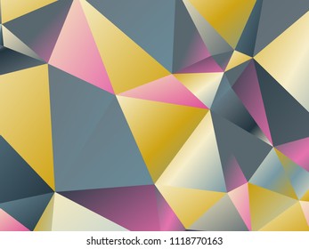 Pink gold blue triangles grid abstract polygonal background. Geometric low poly pattern, tile backdrop template. Rectangular banner background with triangle gradient polygons.