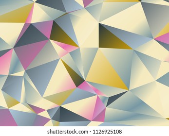Pink gold blue triangles grid abstract polygonal background. Geometric low poly pattern, tile backdrop template. Rectangular banner background with triangle gradient polygons.