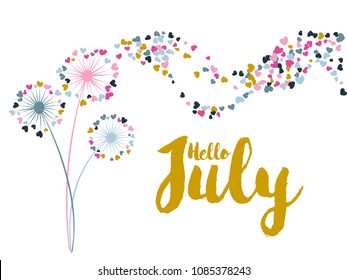 Pink gold blue vector dandelion herbs, meadow flowers illustration. Floral cute background design with dandelion blowing plant. Flowers with heart shaped feather flying. Hello july gold text.