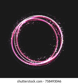 Rosa goldener Circle-Lichteffekt mit runden leuchtenden Elementen, Partikeln und Sternen auf dunklem Hintergrund. Shiny Glamour Design Elemente für Weihnachten, Nachtparty, Geburtstagsfeier mit Sequenzen, Glitter