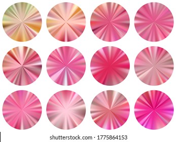 Pink gold circle metallic gradient ui button elements vector set. Isolated decorative swatches. Button metal gradient texture backgrounds. Icon backgrounds material design.