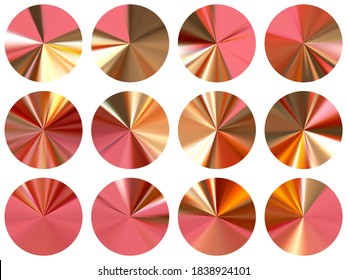 Colección vectorial de elementos ui de gradiente metálico circular de color dorado rosa. Swatches fríos aislados. Fondo de textura de gradiente metálico de pancarta. Diseño de material de fondo de iconos.