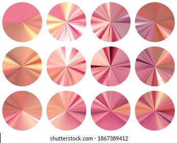 Pink gold circular metallic gradient web elements vector set. Polished smooth medal shapes. Button metal gradient texture templates. Icon backgrounds material design.