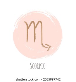 Pink and gold color circle Scorpio zodiac sign, hand painted horoscope symbol vector. Astrological icon isolated. Scorpio astrology zodiac symbol clip art on white background.