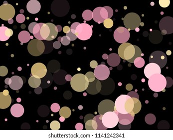 Pink gold confetti circle decoration for party poster background. Bokeh lights effect vector. Gold, pink and rose color round confetti dots, circles scatter on black. Elegant bokeh background.