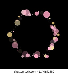 Pink gold confetti circle decoration for party poster background. Bokeh lights effect vector. Gold, pink and rose color round confetti dots, circles scatter on black. Elegant bokeh background.