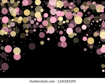 Pink gold confetti circle decoration for New Year banner background. Bokeh lights effect vector. Gold, pink and rose color round confetti dots, circles scatter on black. Trendy rich bokeh background.