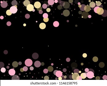 Pink gold confetti circle decoration for Christmas banner background. Bokeh lights effect vector. Gold, pink and rose color round confetti dots, circles scatter on black. Glamourous bokeh background.