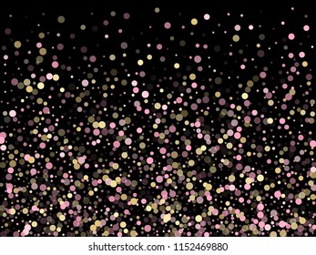 Pink gold confetti circle decoration for Christmas card background. Bokeh lights effect vector. Gold, pink and rose color round confetti dots, circles scatter on black. Fashionable bokeh background.