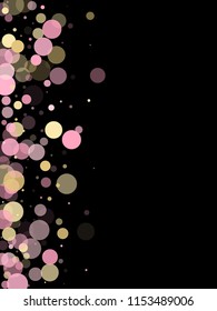 Pink gold confetti circle decoration for New Year poster background. Bokeh lights effect vector. Gold, pink and rose color round confetti dots, circles scatter on black. Fashionable bokeh background.